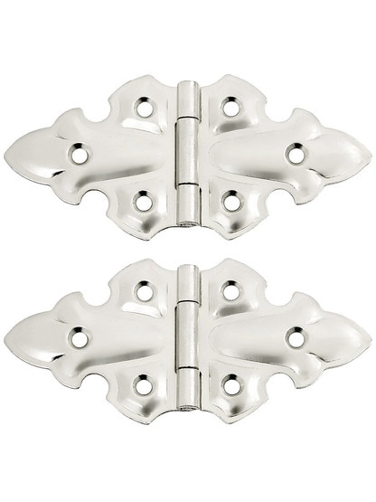 Pair of Gothic Style Surface Cabinet Hinges - 1 3/4 inch H x 3 3/4 inch W in Bright Nickel